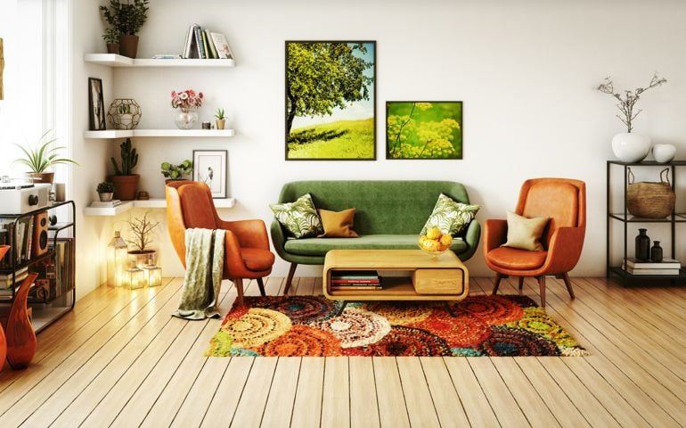 Digitally generated 70s style living room interior design.