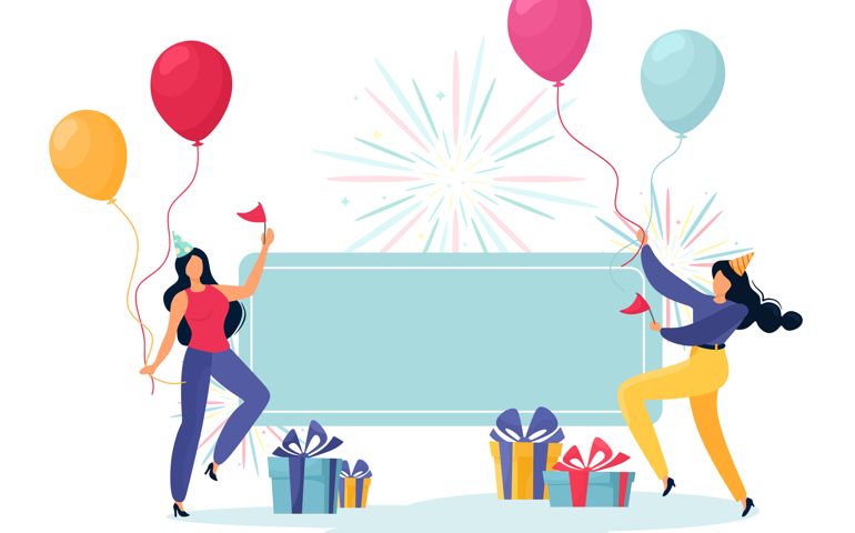 Friends with balloons and presents.