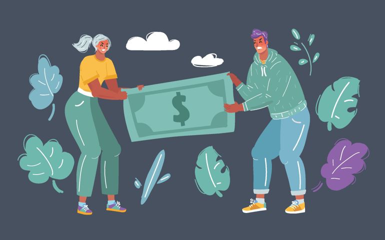 Cartoon vector illustration of couple fighting over big dollar. Man and woman can't divide money concept. Human characters on dark background.