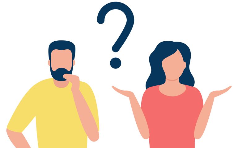Thoughtful man and doubting woman with question mark. People solve problem, choose solution. Concept of dispute, conflict, deadlock. I do not know. Vector flat design illustration.