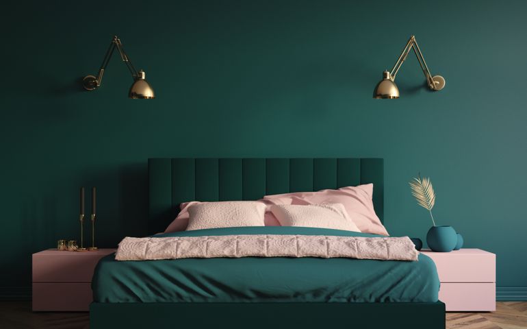Modern dark green bedroom interior, 3d render