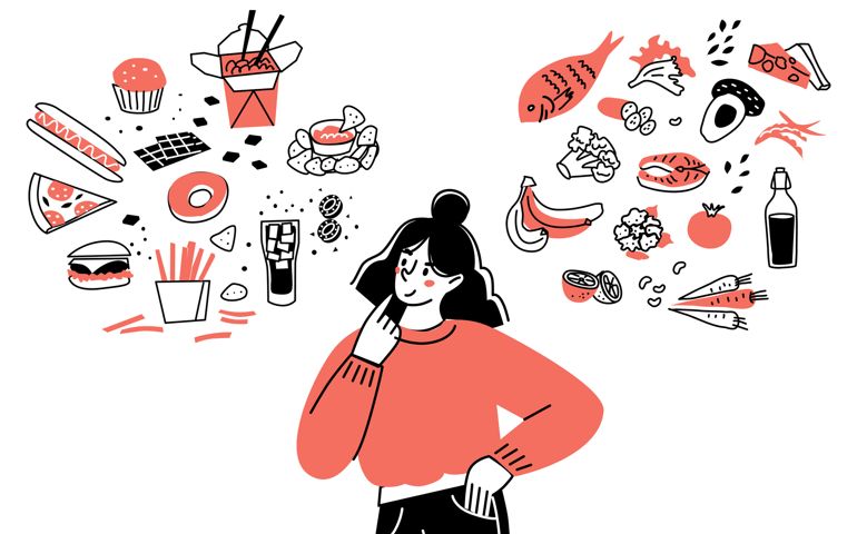 Girl character chooses between healthy and unhealthy food. Comparing fast food and balanced menu. The concept of a healthy diet.