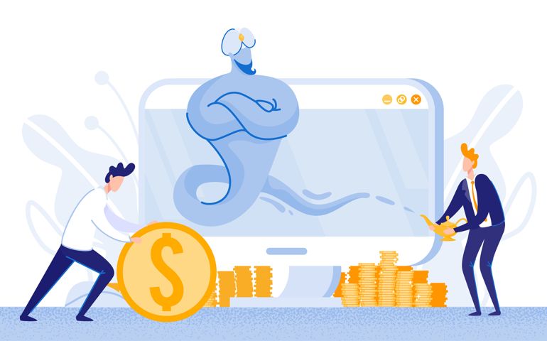 Businessman in Blue Suit, Making Wish from Powerful Magic Genie.