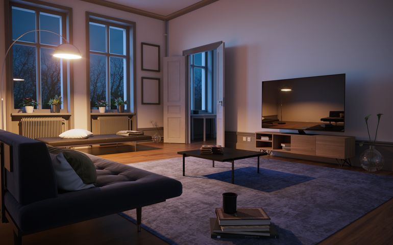 Scandinavian style and minimalist designed living room interior scene in the evening