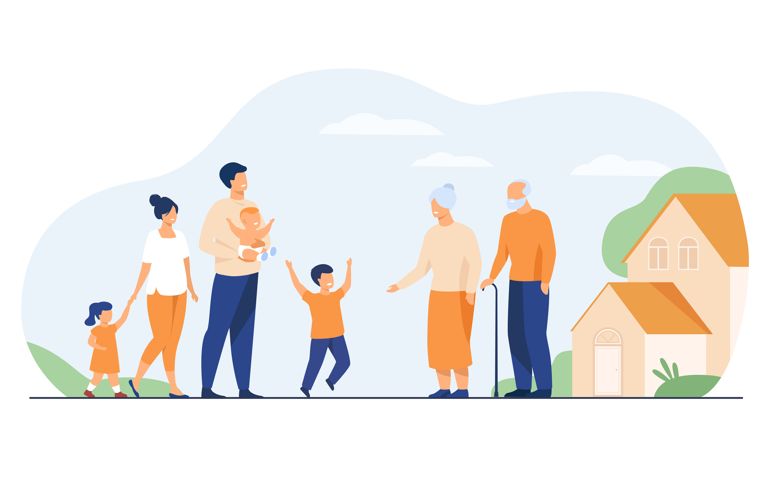 Family meeting in grandparents country house. Excited children and parents visiting grandmother and grandfather, boy running to granny
