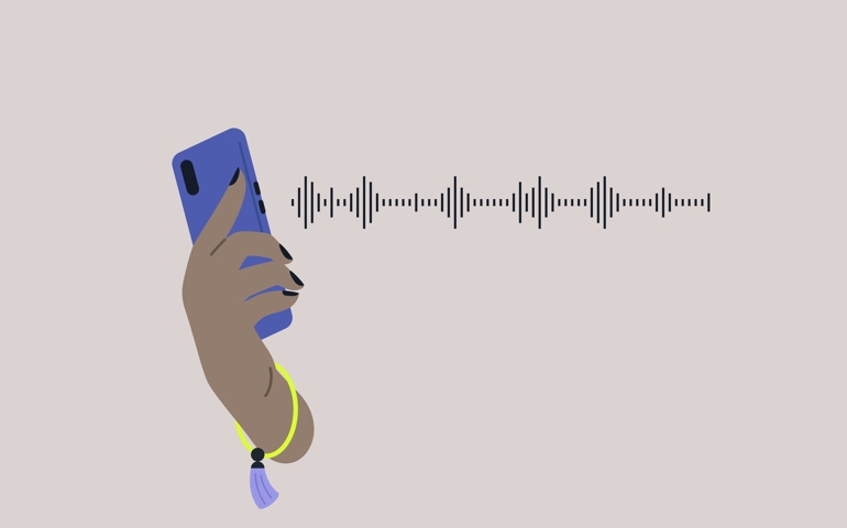 A voice message concept, a sound wave, listening to music, a hand holding a smartphone