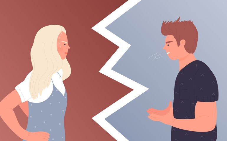 Couple people talk in anger, domestic violence concept vector illustration.