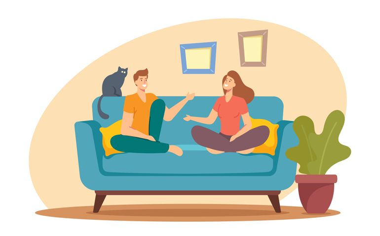 Young Man and Woman Characters Sitting on Sofa at Home Having Active Conversation. People Chatting, Discussing, Family Spare Time, Wife and Husband Discuss Problems.