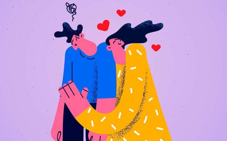 Young woman hug cuddle confused man show love and affection. Couple relationship problems. One-sided unshared feeling. Husband think of divorce or breakup with wife.