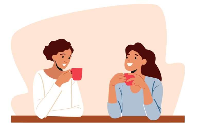 Young Women Meeting at Home or Cafe Drinking Coffee or Tea Holding Cups in Hands. Girlfriends Characters Meeting