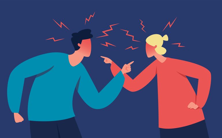 Angry couple shouting at each other, marriage problems. People quarrel, wife and husband arguing, family conflict vector illustration. Man and woman yelling aggressively with angry expression