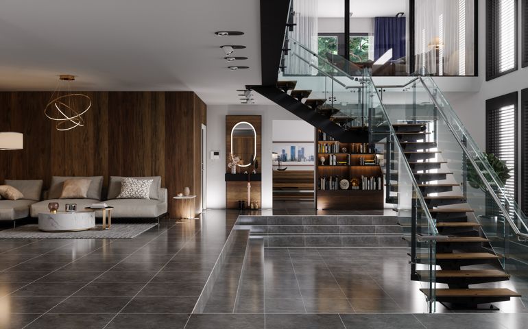 Luxury Modern House Interior With Corner Sofa, Bookshelf And Staircase