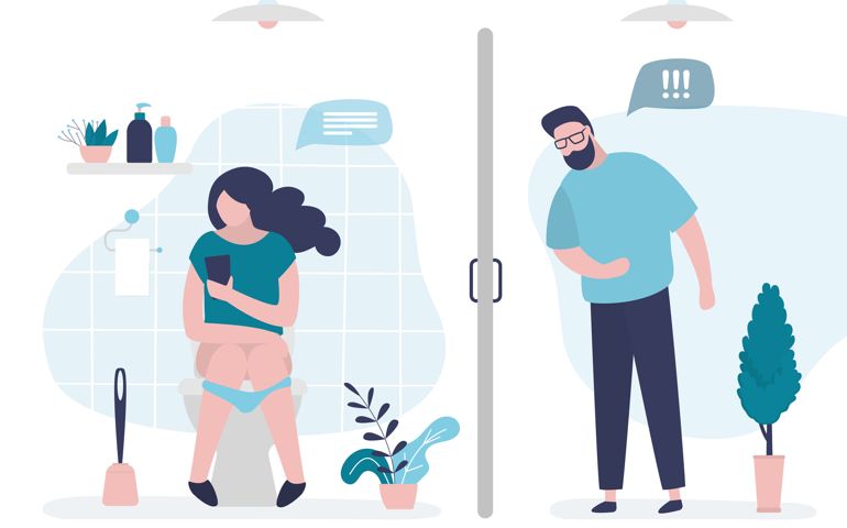 Husband waits for wife to come out of restroom. Girl chatting with friends or surfing Internet on toilet.