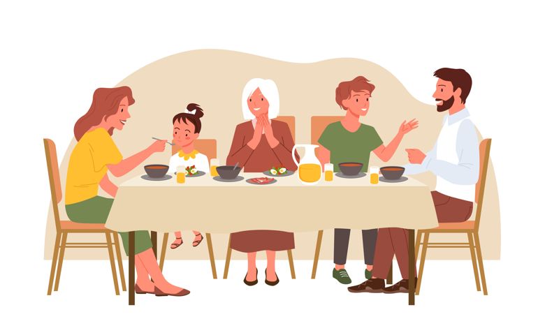 Family people eat dinner at home vector illustration. Cartoon mother feeding little daughter, father, son, grandmother sitting at dining table and eating isolated on white. Happy family time concept
