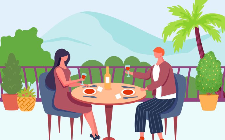 Romantic date on roof. Couple sitting at table and drinking wine. Man and woman relaxing on rooftop, having vacation. Love relationships, girlfriend and boyfriend resting together vector
