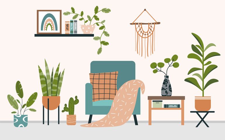 Biophilic interior design. Cozy living room interior. Chair among different plants. Pillow and plaid on armchair. Macrame hangs on wall. Flat vector illustration on white isolated background.