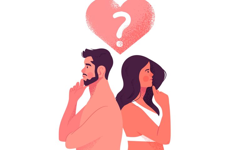 Hetrosexual couple thinking about love life, sexuality or relationship problem on isolated background. Modern flat cartoon characters illustration of man and woman with question mark.