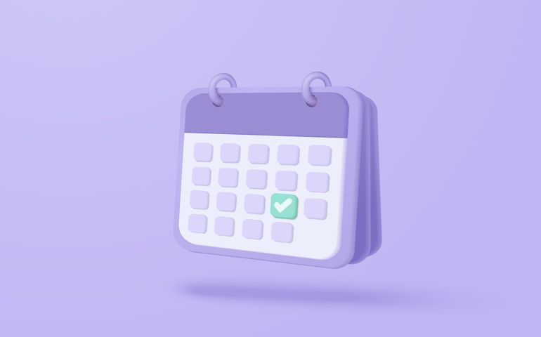 3d calendar marked date for important day in purple background. Calendar with mark for schedule appointment, event day, holiday planning concept 3d vector isolated pastel background