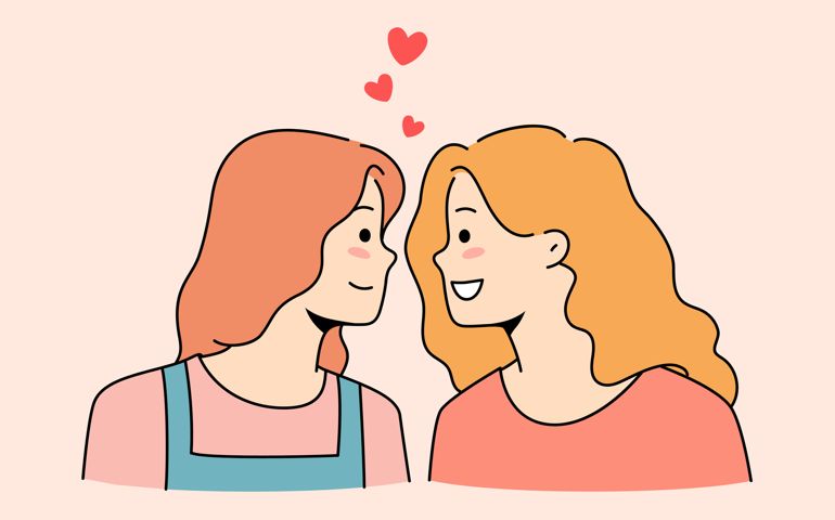 Happy girls look in eyes share love and emotions in romantic relationships.