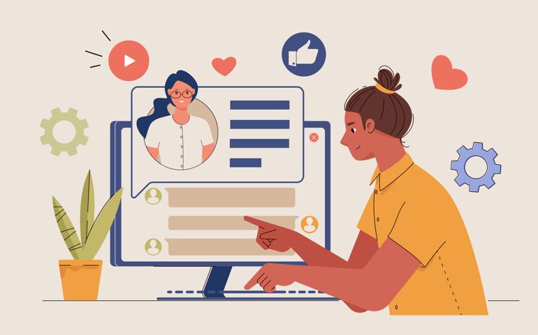 Man uses e-mail on computer to send and receive emails. Modern people communicate in social network, video chat, messenger. Flat cartoon characters.