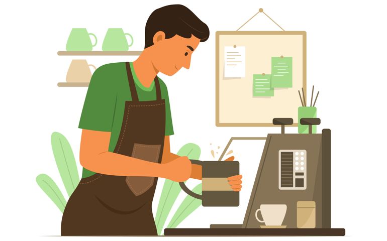 Barista Making Coffee in Cafe.