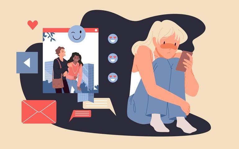 Sad girl looking at real fun life of friends on screen of mobile phone. Depression, stress and loneliness of female character flat vector illustration.