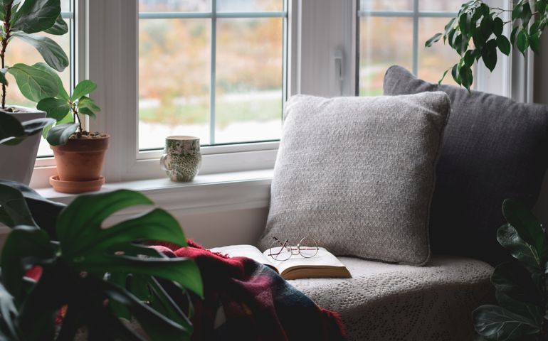 Cozy reading nook surrounded by houseplants with warm throw blanket by a window with no people