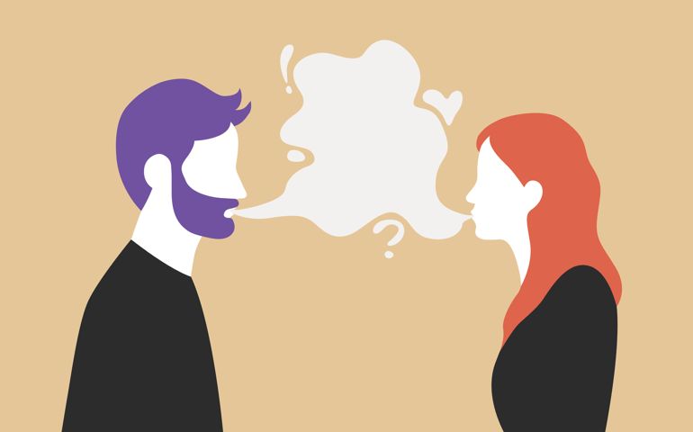 Man and woman talking with speech bubble in the middle - couple communication vector illustration.
