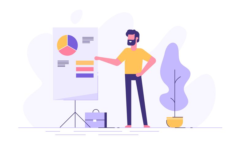 Confident young man standing near flip chart and pointing graph and diagram. Creative business concept. Office interior. Modern vector illustration. Flat design.