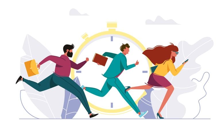 People rushing to work, running person. Businessman and businesswoman running against background of old clock.
