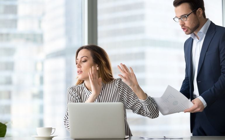 Tired bothered businesswoman abstracting from work refuse accept or consider report,