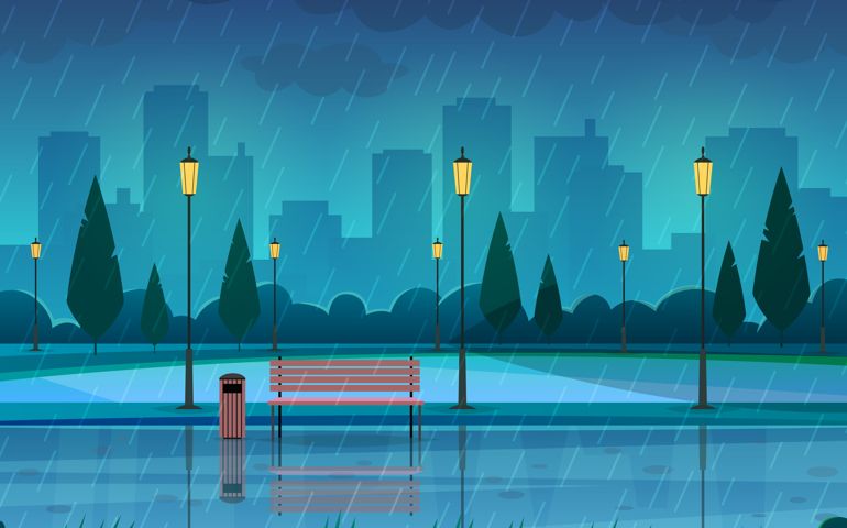 Rainy day park. Raining public park rain city nature season path bench street lamp landscape