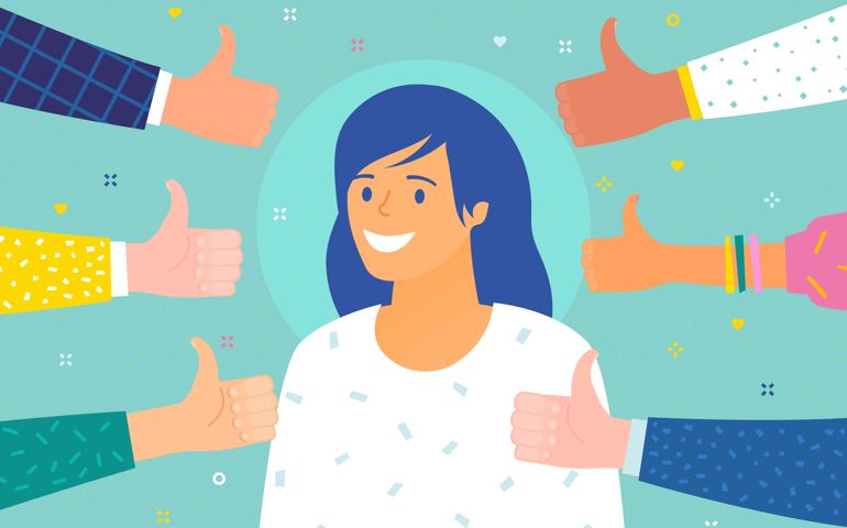 Concept of success and public approval. Cheerful young woman surrounded by hands with thumbs up