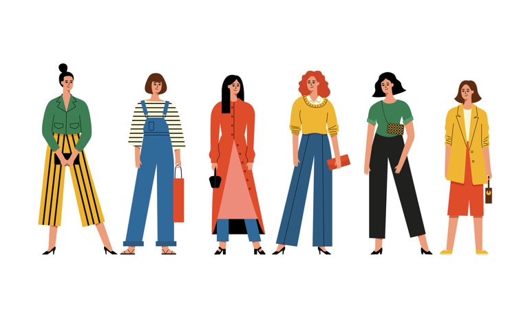 Beautiful women or girls standing together. High fashion, fine clothes, handbags. Group of happy female friends, feminists. Flat cartoon smiling characters isolated on white. Vector illustration.