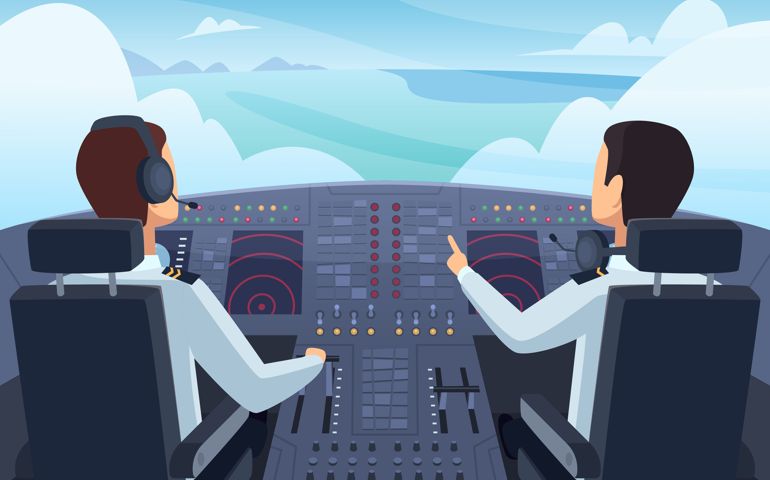 Airplane cockpit. Pilots sitting front of dashboard aircraft inside vector cartoon illustrations.