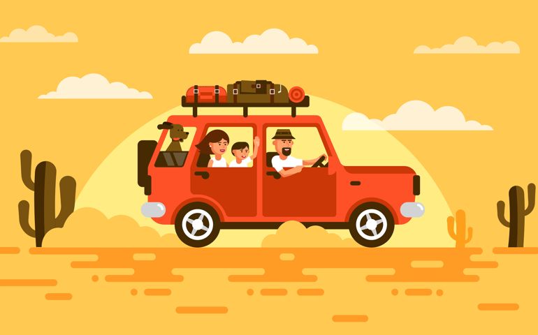 Family travels by car with a dog. SUV with passengers and luggage rides through the desert of the southern states.