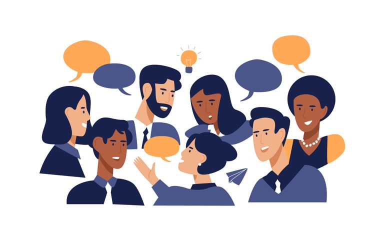 Diverse office people talking at brainstorming business meeting.