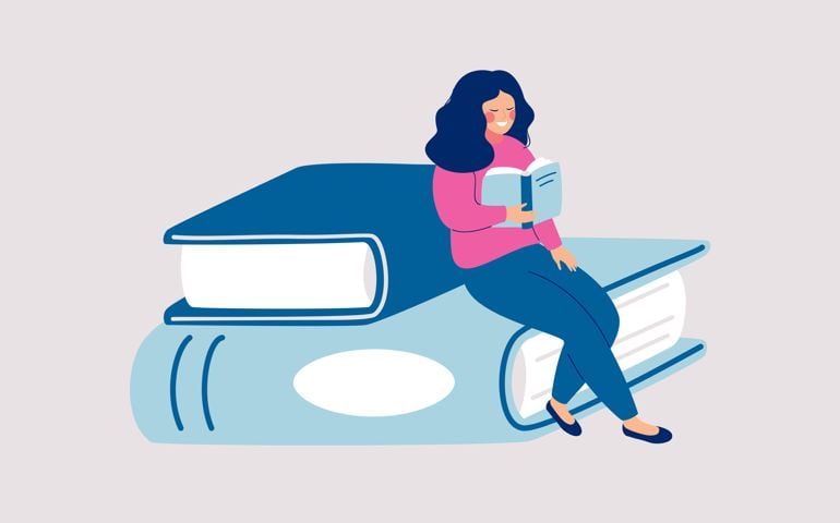 Female reader sits on pile of giant books and reads. Cartoon vector illustration with student or literature fan, professional career establishment basics.