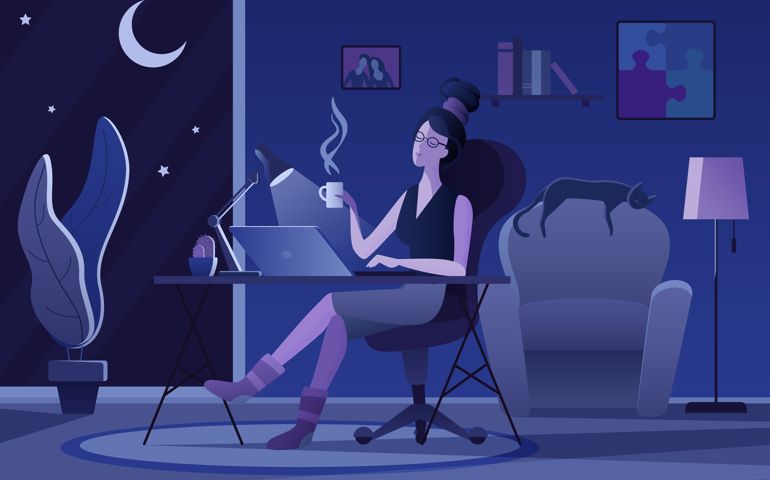 Freelancer flat vector illustration. Freelance, remote job, home office. Relaxed designer, copywriter working at night cartoon character.
