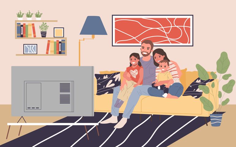 Family with kids at TV vector illustration