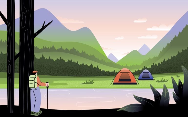 Two camping tents in a beautiful green valley. Fully editable vectors on layers.