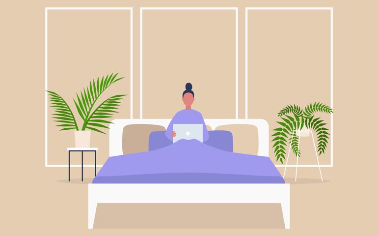Young female character lying in bed with computer, bedroom interior, millennial lifestyle