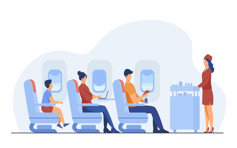 Air trip with comfort flat vector illustration. Passengers waiting for airline meal.