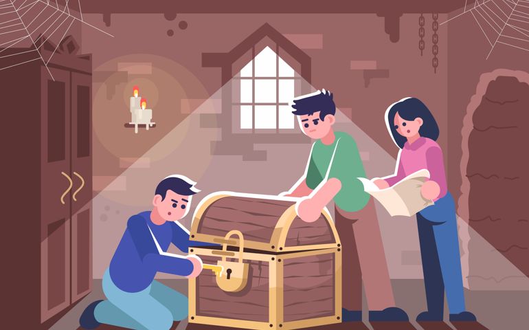 Friends opening closed chest flat vector illustration. People in escape room, woman and men solving mystery cartoon characters.