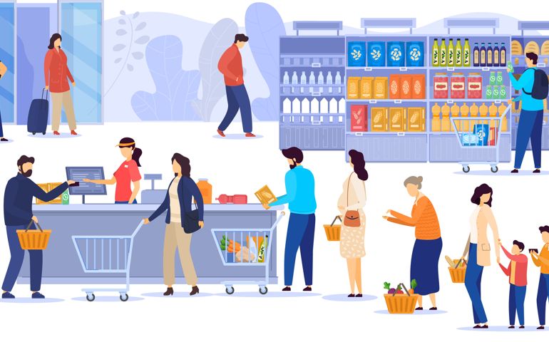 People in supermarket, line at cash desk, grocery store customers, vector illustration.