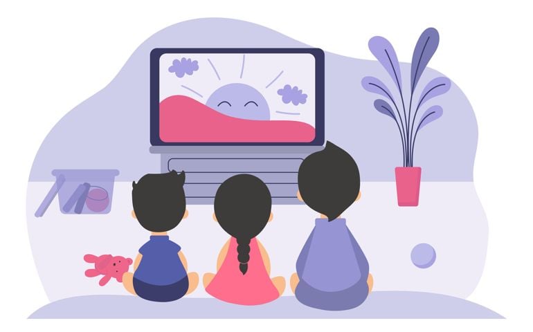 Boys and girls sitting at TV screen and watching cartoon movie for children.