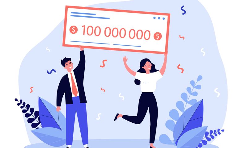 Happy winners holding bank check flat vector illustration. Man and woman winning jackpot for millions dollars.