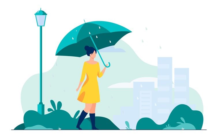 Young girl with orange umbrella flat vector illustration.