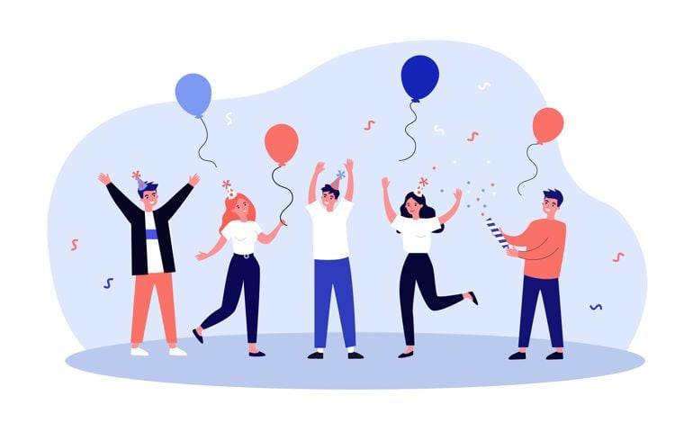 Cheerful friends having fun at birthday party. Happy people dancing with air balloons and confetti.