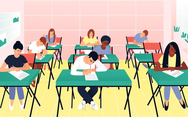 Students write a test exam in a beautiful classroom. Learning concept. Test question.